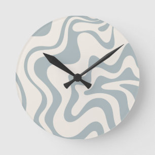 Liquid Swirl Abstract Pattern Blue-Grey and Cream Runde Wanduhr