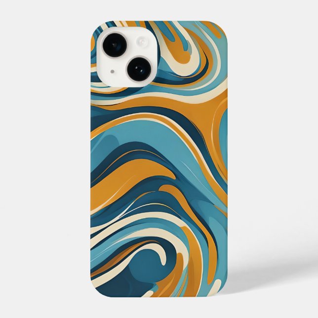 Liquid Swirl Ochre Blue Trippy Pattern iPhone 14 Hülle (Rückseite)