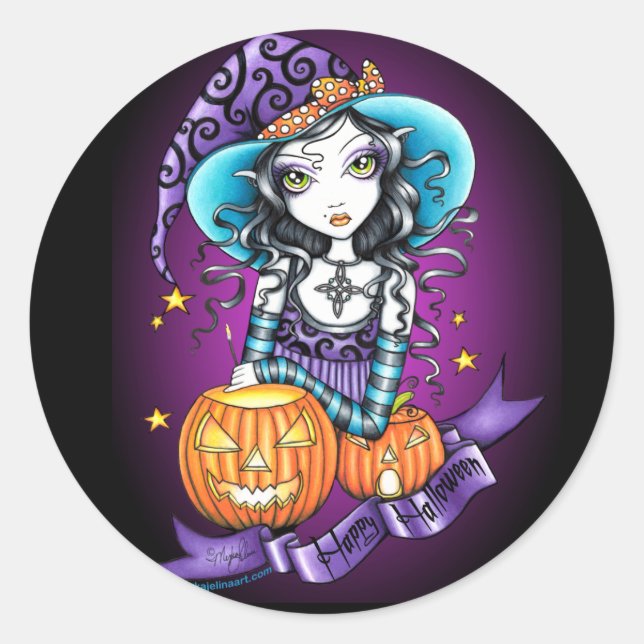 "Lisa" Halloween Pumpkin Hexenkleber Runder Aufkleber (Vorderseite)