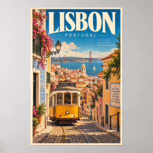 Lisbonne Portugal Tram Jaune Affiche de Voyage Art