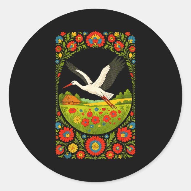 Lish Stork Folk Art Lska Countryside Design  Runder Aufkleber (Vorderseite)