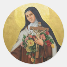 Lisieux-Therese mit Kruzifix/Rose-Aufkleber Runder Aufkleber