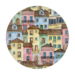 Lissabon-Häuser: Aquarellfarben-Muster. Schneidebrett