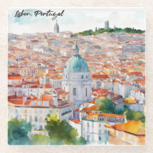 Lissabon Portugal Aquarell Panorama Blick auf die Glasuntersetzer