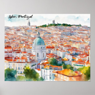 Lissabon Portugal Aquarell Panorama Blick auf die  Poster
