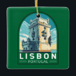 Lissabon Portugal Belem Tower Travel Retro Emblem Keramikornament<br><div class="desc">Lissabon Portugal Retrodesign zeigt den Belém Tower. Belém Tower,  offiziell der Turm von Saint Vincent ist eine Festung aus dem 16. Jahrhundert in Lissabon,  die als ein Punkt der An-und Ausschiffung für portugiesische Entdecker, </div>