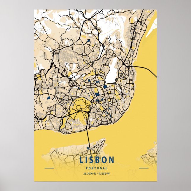 Lissabon - Portugal Gelbe Stadtkarte Poster (Vorne)