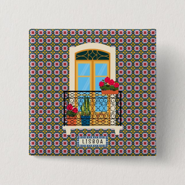 Lissaboner Hausfenster mit Pflanze und Fliesen Button (Vorderseite)