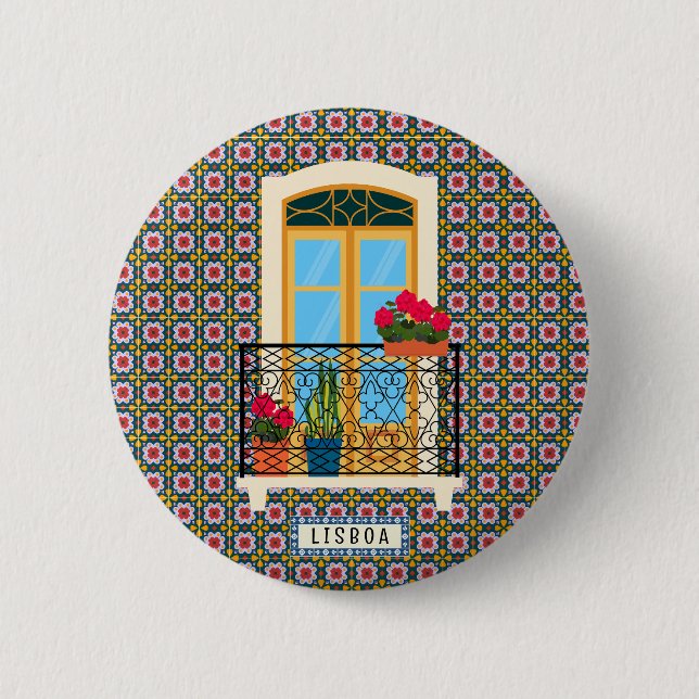 Lissaboner Hausfenster mit Pflanze und Fliesen Button (Vorderseite)