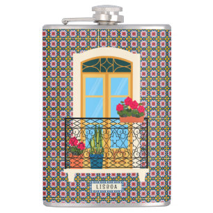 Lissaboner Hausfenster mit Pflanze und Fliesen Flachmann