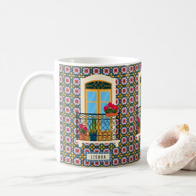 Lissaboner Hausfenster mit Pflanze und Fliesen Kaffeetasse (Mit Donut)