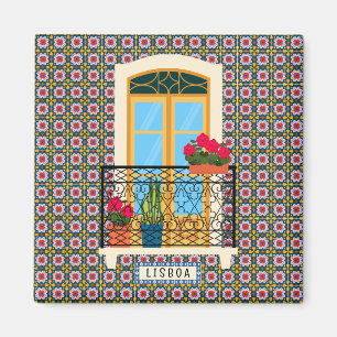 Lissaboner Hausfenster mit Pflanze und Fliesen Magnet