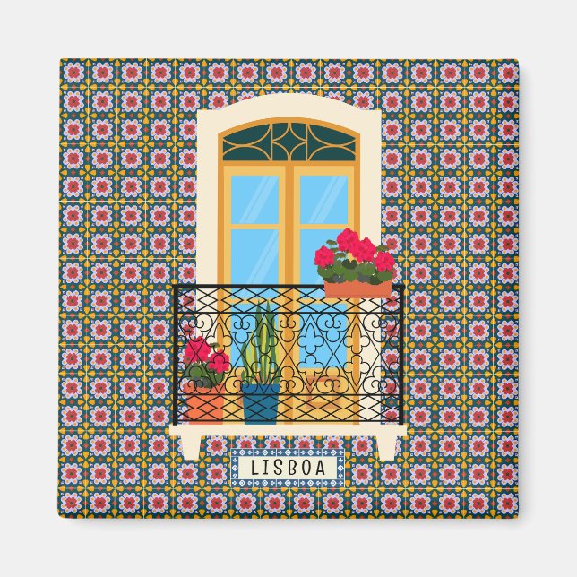 Lissaboner Hausfenster mit Pflanze und Fliesen Magnet (Vorne)