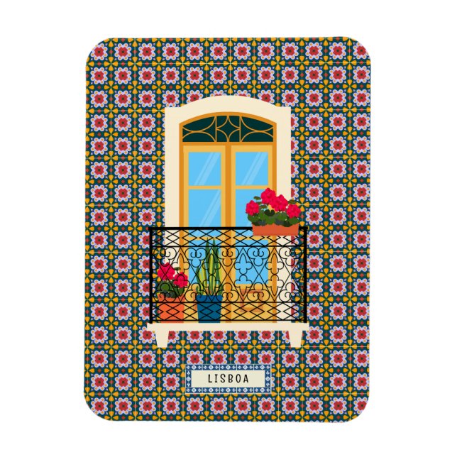 Lissaboner Hausfenster mit Pflanze und Fliesen Magnet (Vertikal)