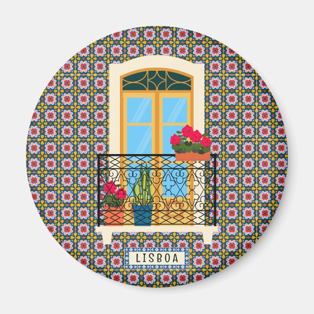 Lissaboner Hausfenster mit Pflanze und Fliesen Magnet (Vorne)