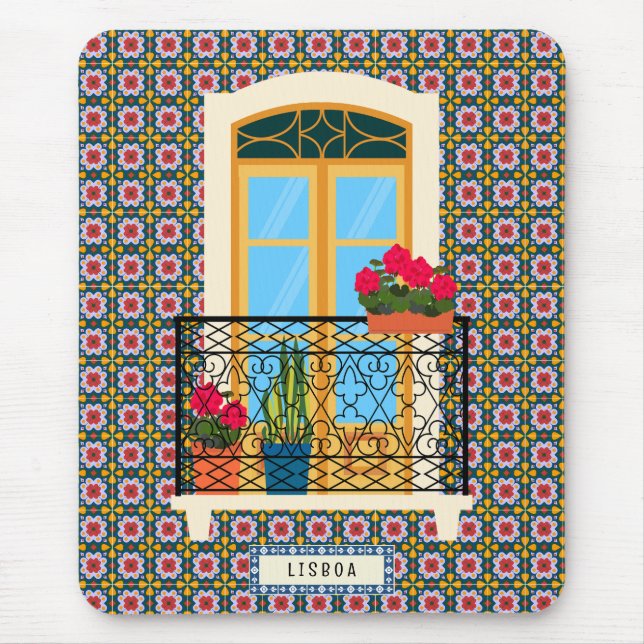 Lissaboner Hausfenster mit Pflanze und Fliesen Mousepad (Vorne)