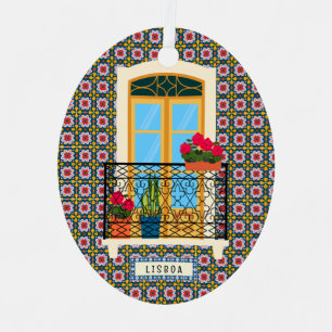 Lissaboner Hausfenster mit Pflanze und Fliesen Ornament Aus Metall