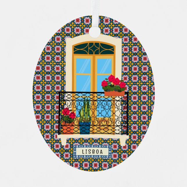 Lissaboner Hausfenster mit Pflanze und Fliesen Ornament Aus Metall (Vorderseite)