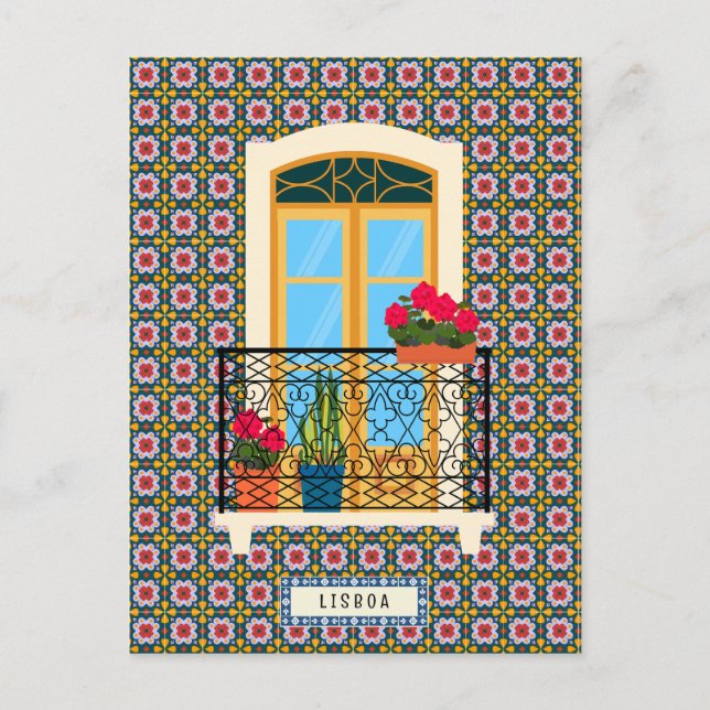 Lissaboner Hausfenster mit Pflanze und Fliesen Postkarte (Vorderseite)