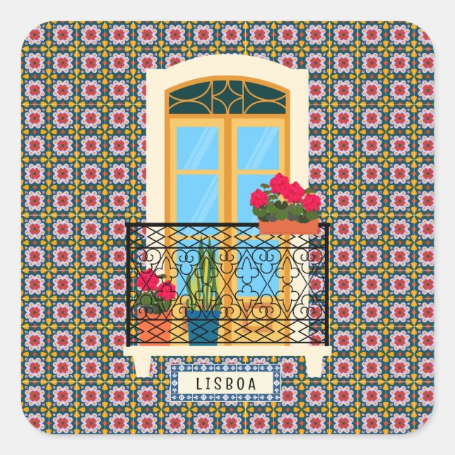 Lissaboner Hausfenster mit Pflanze und Fliesen Quadratischer Aufkleber (Vorderseite)