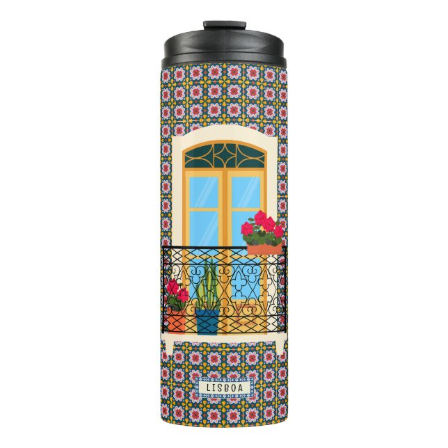 Lissaboner Hausfenster mit Pflanze und Fliesen Thermosbecher (Vorderseite)