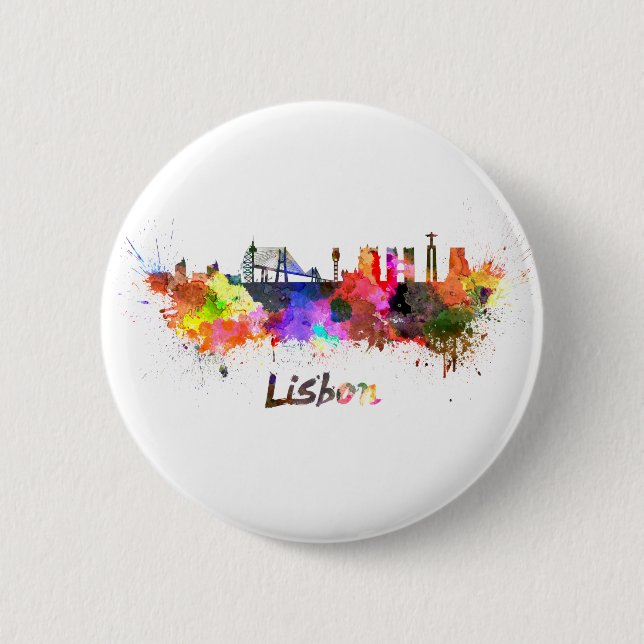 Lissabonner Skyline in Aquarellfarben Button (Vorderseite)