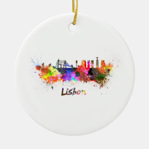 Lissabonner Skyline in Aquarellfarben Keramik Ornament