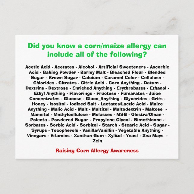 Liste d'allergies au maïs - Carte postale (Devant)