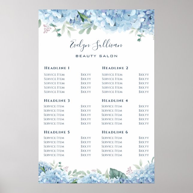 Liste de prix Blue Hydrangea Poster (Devant)