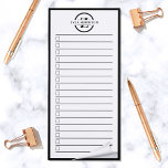 Liste mit Schwarz-weißen Monogrammnamen Magnetischer Notizblock<br><div class="desc">Ein weiteres nützliches Notizblock von JessicaAmber! Jetzt können Sie alle wichtigen Aufgaben an einem Ort behalten haben. Dieses minimalistische Notizbuch in Weiß weist einen schwarzen Rahmen auf, und Text in einem Kreis, der Ihren Namen über eine Buchstaben-Monogramm sagt. Sie können den Text nach Bedarf bearbeiten. Tick dir ein paar Boxen...</div>