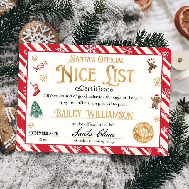 Liste Santa Offiziell Nice Einladung (Official Nice List Certificate Santa Claus North Pole letter instant download printable)