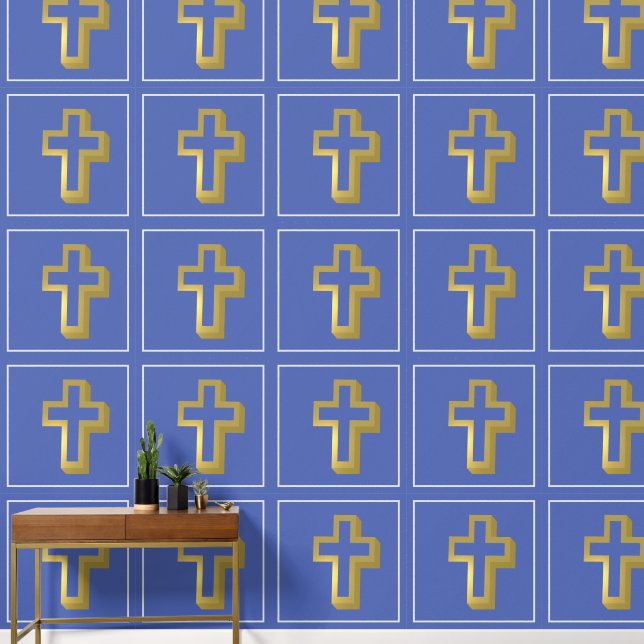 Lit Golden Cross Christlich Iris Blue Square Tapete (Korridor)