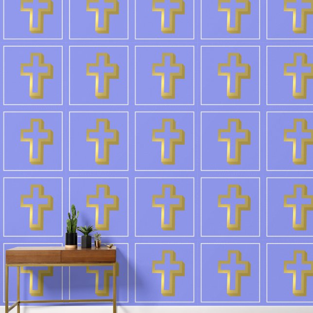 Lit Golden Cross Christliches Muster, Lavender Blu Tapete (Korridor)