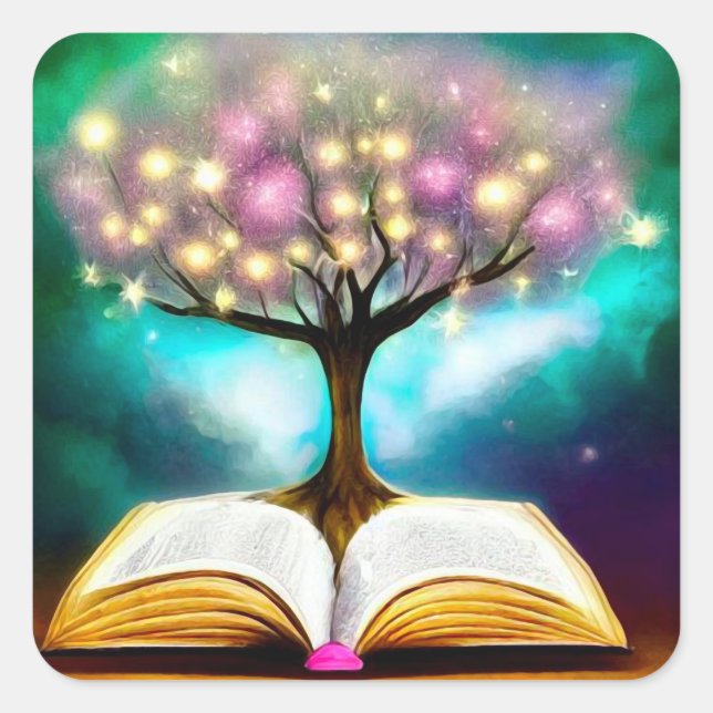 Lit Tree & Open Book Quadratischer Aufkleber (Vorderseite)