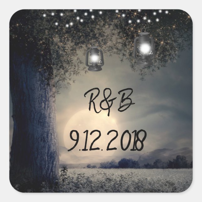 Lit up Lanterns Tree by Full Moon Wedding Quadratischer Aufkleber (Vorderseite)
