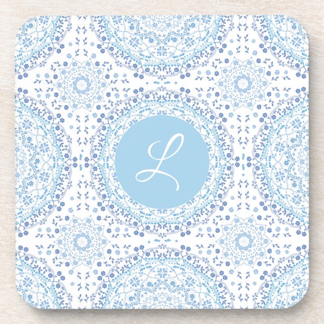 Lite Blue Monogram Mandala Untersetzer (Vorderseite)