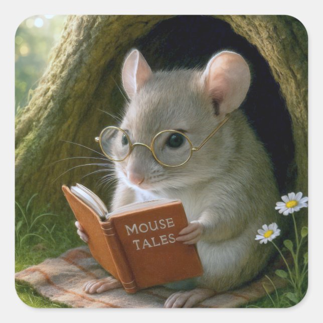 Literarische Maus in einem gemütlichen Baumloch Quadratischer Aufkleber (Vorderseite)