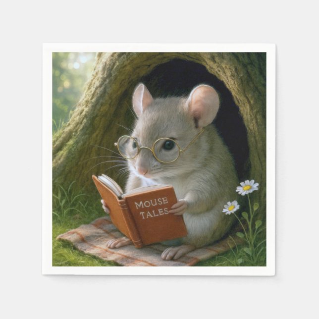 Literarische Maus in einem gemütlichen Baumloch Serviette (Vorderseite)