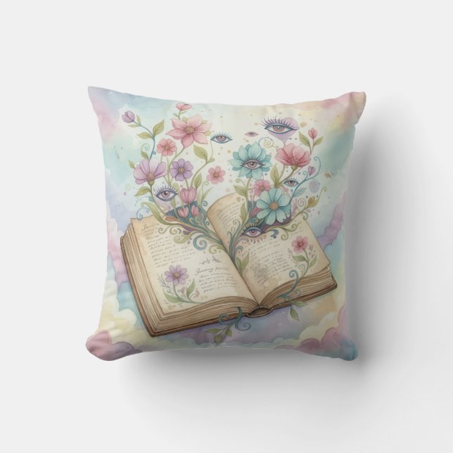 Literary Bloom: Open Book & Wildflower Psychedelic Kissen (Vorderseite)