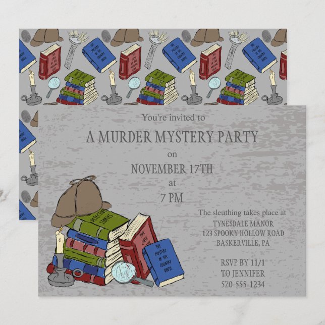 Literaturmörderin Mystery Dinner Party Einladung (Vorne/Hinten)