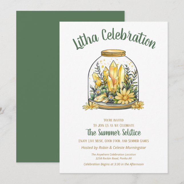 Litha Summer Floral Greenery & Citrine Crystals Einladung (Vorne/Hinten)