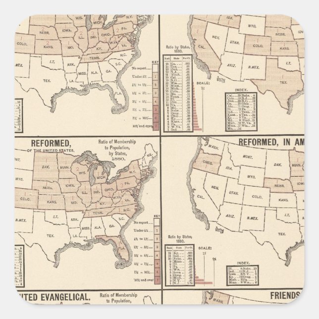 lithographische Karten konfessioneller Statistiken Quadratischer Aufkleber (Vorderseite)