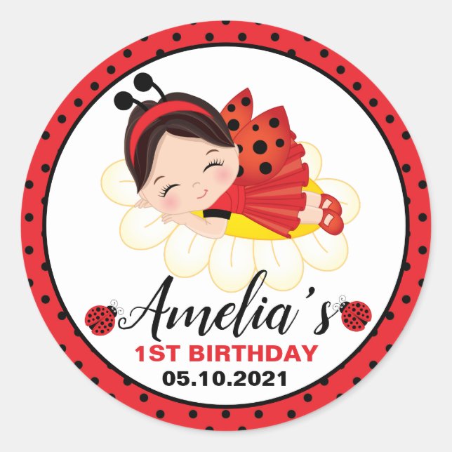 Litle Girl Ladybug Birthday Classic Round Sticker (Vorderseite)