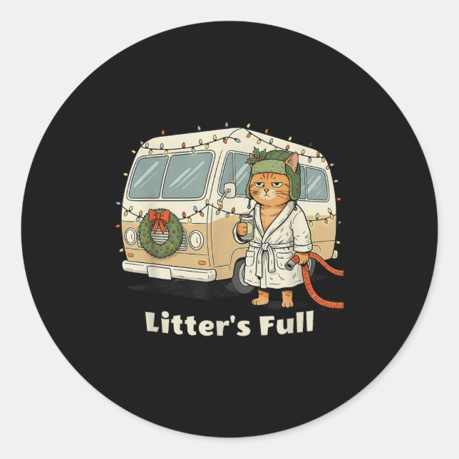 Litter's Full Christmas Cat, Funny Christmas Kitty Runder Aufkleber (Vorderseite)