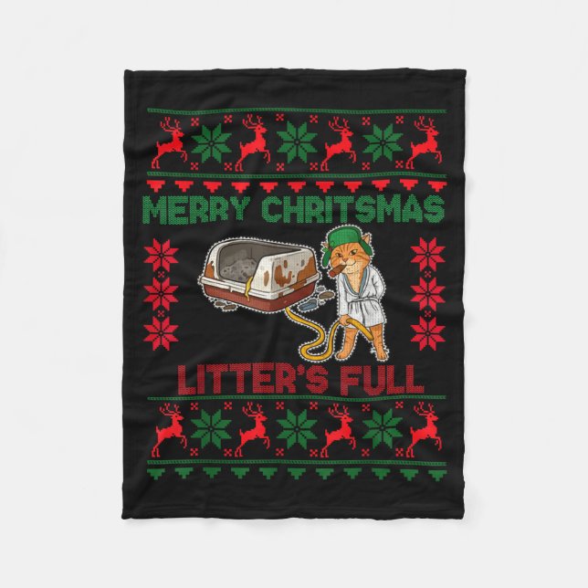 Litter's Full Merry Christmas Funny Cat Lover Ugly Fleecedecke (Vorderseite)