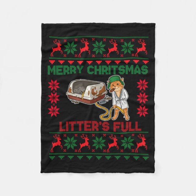 Litter's Full Merry Christmas Funny Cat Lover Ugly Fleecedecke (Vorderseite)