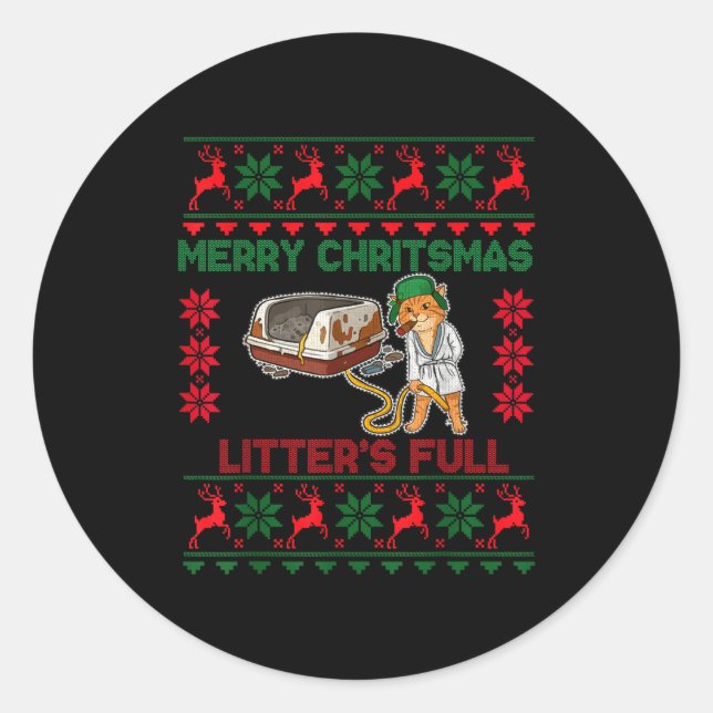 Litter's Full Merry Christmas Funny Cat Lover Ugly Runder Aufkleber (Vorderseite)