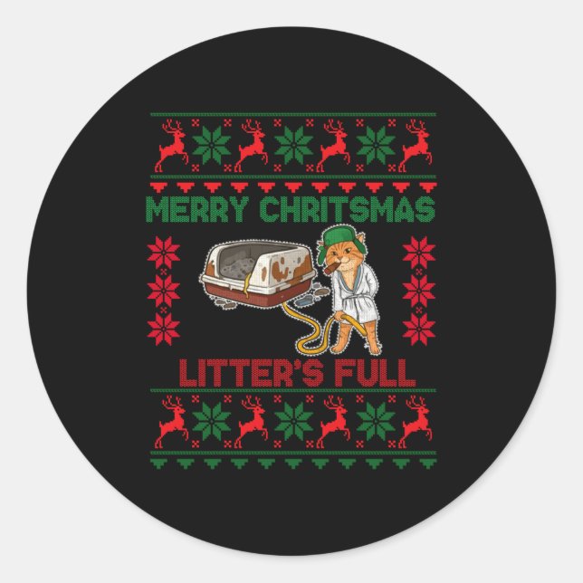 Litter's Full Merry Christmas Funny Cat Lover Ugly Runder Aufkleber (Vorderseite)