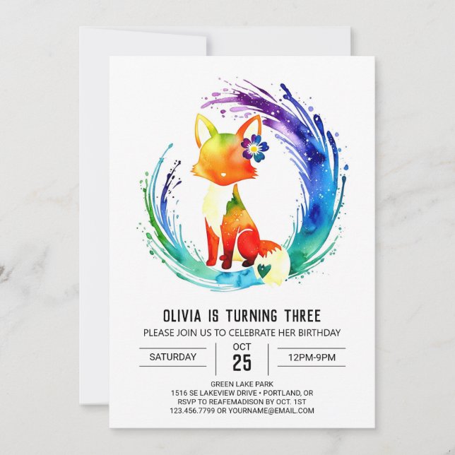 Little Adorable Fox Digital Girl Geburtstag Einladung (Vorderseite)