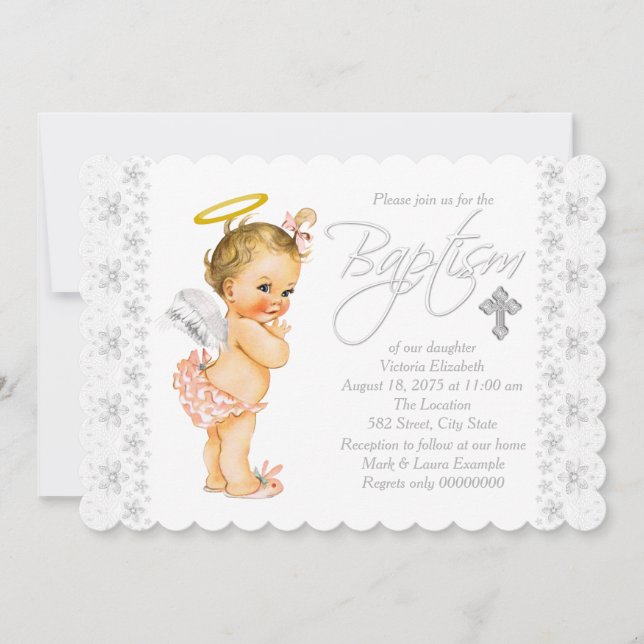 Little Angel Baby Girl Baptisse Einladung (Vorderseite)